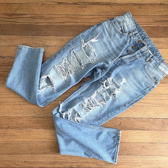 4 Boyfriend Trashed Jeans Rise 10.5” &denim H&M Ripped Faded Relaxed Straight - Picture 4 of 9